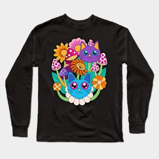 Trippy Cats, Mushrooms and Flowers Long Sleeve T-Shirt